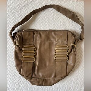 Maxx New York Brown Leather Handbag Gold Toned Buckle Front